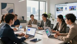 A modern marketing office scene depicting the concept of "AI content repurposing." In the foreground, a diverse group of professionals dressed in smart business attire is engaged in a collaborative discussion, surrounded by digital devices displaying various forms of content like articles, videos, and social media posts. The middle ground showcases a sleek table with open laptops, tablets, and notepads, creating a dynamic workspace atmosphere. In the background, a large window reveals a bright city skyline, suggesting innovation and growth. Soft, natural lighting filters in, casting warm tones throughout the room, enhancing the collaborative mood. Incorporate elements that represent the brand "AI XLence," such as stylish wall art or presentation slides. The overall vibe should inspire creativity and professionalism, ideal for illustrating AI-driven content strategies.