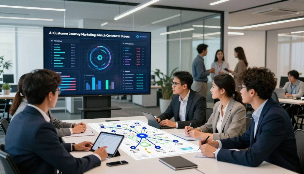 A modern marketing office scene illustrating "AI Customer Journey Marketing: Match Content to Buyers." In the foreground, a diverse group of professionals in business attire collaborates around a sleek conference table, analyzing a digital customer journey map displayed on a tablet. In the middle ground, a large interactive screen showcases various metrics and data points regarding customer engagement and content alignment. Bright, diffused lighting creates an inviting atmosphere, emphasizing a sense of innovation and teamwork. The background features a contemporary office design with glass walls, showcasing colleagues engaged in brainstorming sessions. The brand name "AI XLence" subtly integrated into the digital elements, enhancing the focus on AI-driven insights while maintaining a professional look. The overall mood is dynamic and forward-thinking, reflecting the cutting-edge nature of AI in marketing.