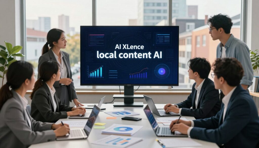 A modern marketing office scene showcasing the concept of "local content AI." In the foreground, a diverse group of professionals in business attire collaborates around a large table cluttered with laptops, notes, and visuals. In the middle, a large digital screen displays the brand name "AI XLence" along with abstract graphics representing data analysis and local SEO trends. The background features large windows letting in warm natural light, highlighting a cityscape of a bustling local neighborhood. The atmosphere is energetic and innovative, suggesting a brainstorming session filled with creativity and teamwork. Use a soft focus effect to emphasize the foreground action while maintaining clarity in the details of the digital screen. A modern marketing office scene showcasing the concept of "local content AI." In the foreground, a diverse group of professionals in business attire collaborates around a large table cluttered with laptops, notes, and visuals. In the middle, a large digital screen displays the brand name "AI XLence" along with abstract graphics representing data analysis and local SEO trends. The background features large windows letting in warm natural light, highlighting a cityscape of a bustling local neighborhood. The atmosphere is energetic and innovative, suggesting a brainstorming session filled with creativity and teamwork. Use a soft focus effect to emphasize the foreground action while maintaining clarity in the details of the digital screen.