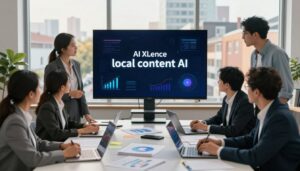 A modern marketing office scene showcasing the concept of "local content AI." In the foreground, a diverse group of professionals in business attire collaborates around a large table cluttered with laptops, notes, and visuals. In the middle, a large digital screen displays the brand name "AI XLence" along with abstract graphics representing data analysis and local SEO trends. The background features large windows letting in warm natural light, highlighting a cityscape of a bustling local neighborhood. The atmosphere is energetic and innovative, suggesting a brainstorming session filled with creativity and teamwork. Use a soft focus effect to emphasize the foreground action while maintaining clarity in the details of the digital screen.