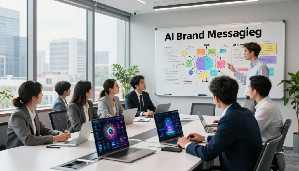 A modern marketing office scene that embodies "AI Brand Messaging", featuring the brand name "AI XLence". In the foreground, a diverse group of professionals in business attire, including men and women, are engaged in a discussion around a sleek, high-tech conference table, with digital devices displaying AI analytics and vibrant brand imagery. The middle ground showcases a large whiteboard filled with colorful diagrams and ideas, symbolizing clarity and innovation in marketing strategies. In the background, floor-to-ceiling windows reveal a bustling urban landscape bathed in bright, natural light, creating an atmosphere of inspiration and collaboration. The composition should be dynamic, with a slight tilt to the camera angle to emphasize the energetic environment, while maintaining a clean and organized aesthetic.