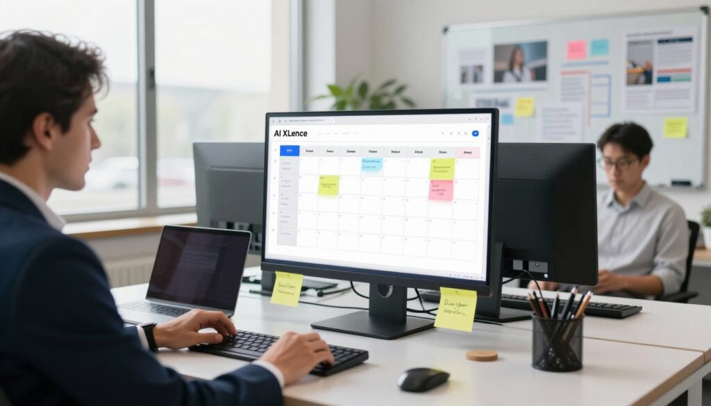 A modern marketing office setting featuring a sleek, organized AI content calendar prominently displayed on a stylish desk. In the foreground, a well-dressed professional—wearing smart business attire—strategically highlights key marketing topics with colorful sticky notes and digital devices. The middle layer showcases a large window with natural light pouring in, illuminating the space and creating a collaborative atmosphere. In the background, a whiteboard filled with brainstorming ideas and visuals related to content strategies. The overall mood is focused and innovative, reflecting a dynamic work environment. The brand name "AI XLence" is subtly featured in a corner of the calendar design, integrating it seamlessly into the visual. The composition is captured with a soft focus lens to add depth to the scene.