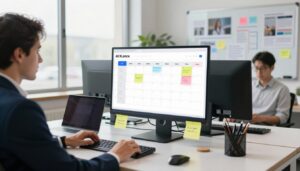 A modern marketing office setting featuring a sleek, organized AI content calendar prominently displayed on a stylish desk. In the foreground, a well-dressed professional—wearing smart business attire—strategically highlights key marketing topics with colorful sticky notes and digital devices. The middle layer showcases a large window with natural light pouring in, illuminating the space and creating a collaborative atmosphere. In the background, a whiteboard filled with brainstorming ideas and visuals related to content strategies. The overall mood is focused and innovative, reflecting a dynamic work environment. The brand name "AI XLence" is subtly featured in a corner of the calendar design, integrating it seamlessly into the visual. The composition is captured with a soft focus lens to add depth to the scene.