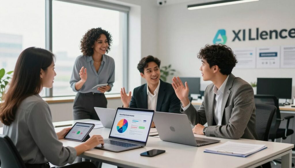 A modern marketing office setting, with a sleek desk in the foreground. On the desk, there are various digital devices, such as a tablet and a laptop open to a colorful infographic about lead magnets. In the middle ground, a diverse group of three professionals—two women and one man, dressed in business attire—are engaged in a brainstorming session, showcasing enthusiasm and creativity. The scene is illuminated by soft, natural light streaming in through large windows, creating an inviting atmosphere. In the background, a wall display features the brand name "AI XLence" prominently. The overall mood is dynamic and innovative, reflecting the theme of AI-driven marketing strategies for lead generation.