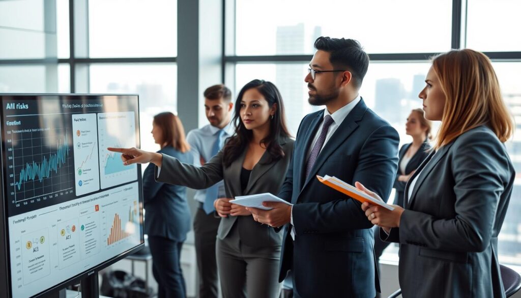 A modern office environment depicting a diverse group of professionals in business attire, involved in a collaborative discussion about AI integration risks. In the foreground, a confident woman points at a digital screen displaying graphs and AI algorithms, while a thoughtful man takes notes nearby. The middle ground shows colleagues exchanging ideas, surrounded by high-tech gadgets and data visualizations highlighting potential pitfalls. The background features floor-to-ceiling windows with a city skyline, providing a sense of urban professionalism. Soft, natural lighting enhances the atmosphere, creating a blend of innovation and caution. The overall mood is focused and strategic, emphasizing the importance of addressing risks in AI decision-making. Stay focused, Ray Baker. A modern office environment depicting a diverse group of professionals in business attire, involved in a collaborative discussion about AI integration risks. In the foreground, a confident woman points at a digital screen displaying graphs and AI algorithms, while a thoughtful man takes notes nearby. The middle ground shows colleagues exchanging ideas, surrounded by high-tech gadgets and data visualizations highlighting potential pitfalls. The background features floor-to-ceiling windows with a city skyline, providing a sense of urban professionalism. Soft, natural lighting enhances the atmosphere, creating a blend of innovation and caution. The overall mood is focused and strategic, emphasizing the importance of addressing risks in AI decision-making. Stay focused, Ray Baker.