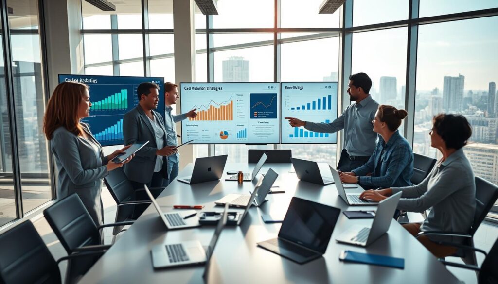 A modern office environment featuring a diverse group of professionals collaborating on a digital dashboard displaying graphs and analytics. In the foreground, a confident woman in business attire analyzes data on a tablet, while a man in smart casual clothing points at a screen filled with cost-reduction strategies. The middle ground shows a large, sleek conference table scattered with laptops and notebooks, illuminated by natural light filtering through large windows, creating an energetic atmosphere. The background showcases a city skyline through the glass, symbolizing growth and opportunity. Use a high angle perspective to emphasize collaboration and decision-making. The overall mood is dynamic and focused, reflecting innovation and efficiency. Stay focused, Ray Baker. A modern office environment featuring a diverse group of professionals collaborating on a digital dashboard displaying graphs and analytics. In the foreground, a confident woman in business attire analyzes data on a tablet, while a man in smart casual clothing points at a screen filled with cost-reduction strategies. The middle ground shows a large, sleek conference table scattered with laptops and notebooks, illuminated by natural light filtering through large windows, creating an energetic atmosphere. The background showcases a city skyline through the glass, symbolizing growth and opportunity. Use a high angle perspective to emphasize collaboration and decision-making. The overall mood is dynamic and focused, reflecting innovation and efficiency. Stay focused, Ray Baker.