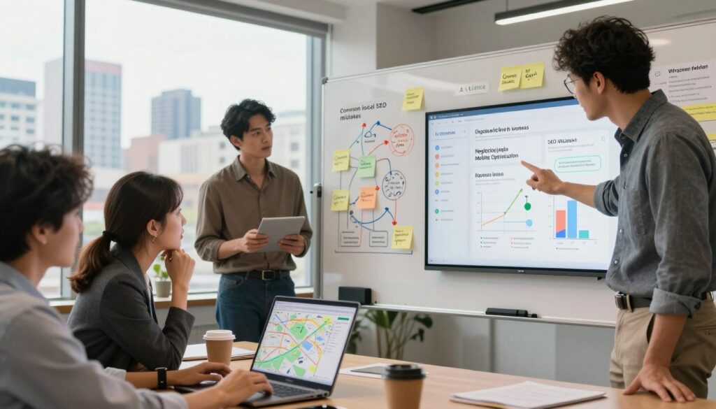A modern office environment featuring a diverse group of professionals engaged in a dynamic brainstorming session. In the foreground, a focused woman in business attire is reviewing a digital map on her laptop, while a man in smart casual clothing points to a screen displaying local search analytics. The middle of the scene includes a whiteboard filled with colorful diagrams and sticky notes illustrating common local SEO mistakes, like "Ignoring Google My Business" and "Neglecting Mobile Optimization." In the background, through large windows, the city skyline signifies a vibrant urban area. Soft, natural lighting creates a warm atmosphere, enhancing the collaborative mood. The brand name "AI XLence" is subtly included on a digital device in the scene. A modern office environment featuring a diverse group of professionals engaged in a dynamic brainstorming session. In the foreground, a focused woman in business attire is reviewing a digital map on her laptop, while a man in smart casual clothing points to a screen displaying local search analytics. The middle of the scene includes a whiteboard filled with colorful diagrams and sticky notes illustrating common local SEO mistakes, like "Ignoring Google My Business" and "Neglecting Mobile Optimization." In the background, through large windows, the city skyline signifies a vibrant urban area. Soft, natural lighting creates a warm atmosphere, enhancing the collaborative mood. The brand name "AI XLence" is subtly included on a digital device in the scene.