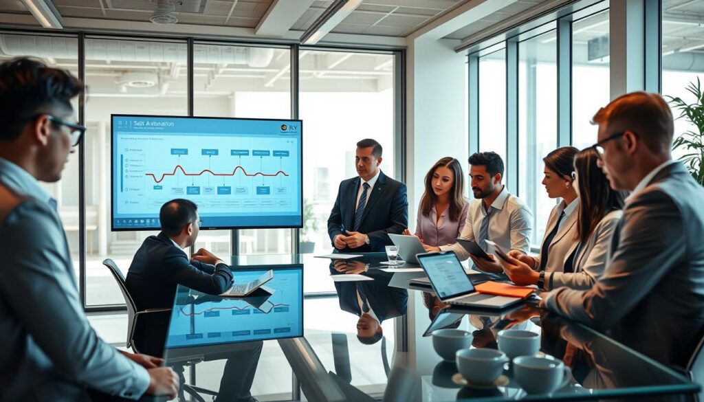 A modern office environment featuring a sales team collaborating on automation strategies. In the foreground, a diverse group of professionals in business attire is gathered around a sleek, glass conference table, examining digital flowcharts and analytics on tablets and laptops. The middle ground showcases a large monitor displaying a visually appealing sales pipeline graphic, illustrating efficient automation processes. The background features a bright, airy office with large windows allowing soft natural light to illuminate the space. The atmosphere is energetic yet focused, symbolizing innovation and teamwork. The overall color palette is a blend of warm and cool tones to create a balanced, professional mood. Stay focused, Ray Baker.