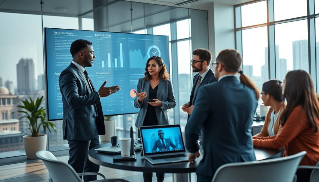 A modern office environment, featuring a sleek, futuristic workspace with diverse professionals collaborating around a large digital screen displaying visual data analytics. In the foreground, two business people—one Black man in a tailored suit and one Asian woman in a smart blazer—discuss innovative AI tools, gesturing towards the screen. The middle ground features a mixed-gender team brainstorming ideas at a round table, surrounded by tech gadgets and AI-infused communication devices. The background reveals large windows with a city skyline view, letting in bright, natural light that creates a lively atmosphere. The scene radiates a sense of teamwork and advanced technology, capturing the essence of implementing AI for business communication. Stay focused, Ray Baker. A modern office environment, featuring a sleek, futuristic workspace with diverse professionals collaborating around a large digital screen displaying visual data analytics. In the foreground, two business people—one Black man in a tailored suit and one Asian woman in a smart blazer—discuss innovative AI tools, gesturing towards the screen. The middle ground features a mixed-gender team brainstorming ideas at a round table, surrounded by tech gadgets and AI-infused communication devices. The background reveals large windows with a city skyline view, letting in bright, natural light that creates a lively atmosphere. The scene radiates a sense of teamwork and advanced technology, capturing the essence of implementing AI for business communication. Stay focused, Ray Baker.