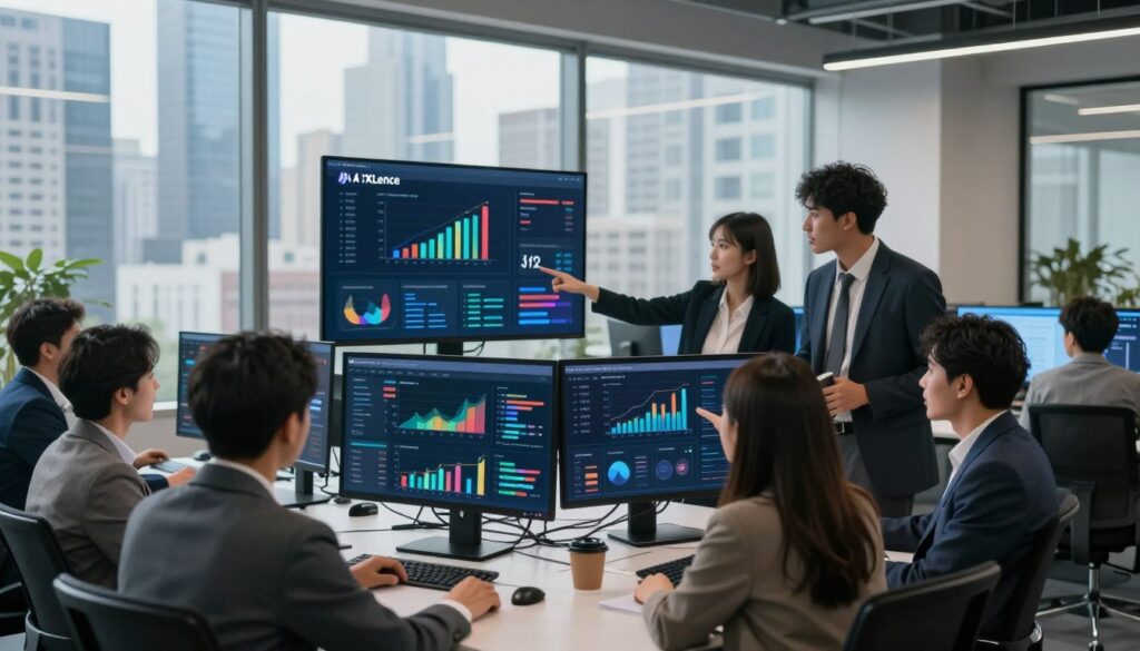 A modern office environment featuring a sleek, high-tech workspace with multiple digital screens displaying colorful graphs and charts related to AI website analytics. In the foreground, a diverse group of professionals in business attire intently analyzing data, pointing to trending graphs, and engaging in discussion about marketing strategies. In the middle ground, a glowing screen highlights the brand name "AI XLence" alongside visual representations of traffic and campaign trends. The background shows a panoramic view of a bustling city skyline through large windows, with soft natural light cascading into the space, creating a productive and innovative atmosphere. The image captures a sense of collaboration and forward-thinking in marketing analytics. A modern office environment featuring a sleek, high-tech workspace with multiple digital screens displaying colorful graphs and charts related to AI website analytics. In the foreground, a diverse group of professionals in business attire intently analyzing data, pointing to trending graphs, and engaging in discussion about marketing strategies. In the middle ground, a glowing screen highlights the brand name "AI XLence" alongside visual representations of traffic and campaign trends. The background shows a panoramic view of a bustling city skyline through large windows, with soft natural light cascading into the space, creating a productive and innovative atmosphere. The image captures a sense of collaboration and forward-thinking in marketing analytics.