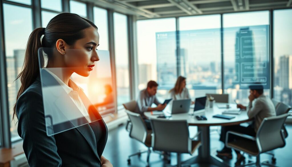 A modern office environment featuring a sleek, professional woman in business attire, intently engaging with a large interactive display that showcases workflow diagrams and AI tools for process documentation. In the foreground, her focused expression highlights the practical application of AI technology. The middle ground displays additional team members collaborating at a round table, examining various digital devices and documents, symbolizing teamwork in integrating AI. The background shows a bright, well-lit office space with windows revealing a cityscape, enhancing the feeling of innovation and progress. Soft, natural lighting adds a warm ambiance to the scene, while the overall atmosphere conveys efficiency and forward-thinking. Stay focused, Ray Baker. A modern office environment featuring a sleek, professional woman in business attire, intently engaging with a large interactive display that showcases workflow diagrams and AI tools for process documentation. In the foreground, her focused expression highlights the practical application of AI technology. The middle ground displays additional team members collaborating at a round table, examining various digital devices and documents, symbolizing teamwork in integrating AI. The background shows a bright, well-lit office space with windows revealing a cityscape, enhancing the feeling of innovation and progress. Soft, natural lighting adds a warm ambiance to the scene, while the overall atmosphere conveys efficiency and forward-thinking. Stay focused, Ray Baker.