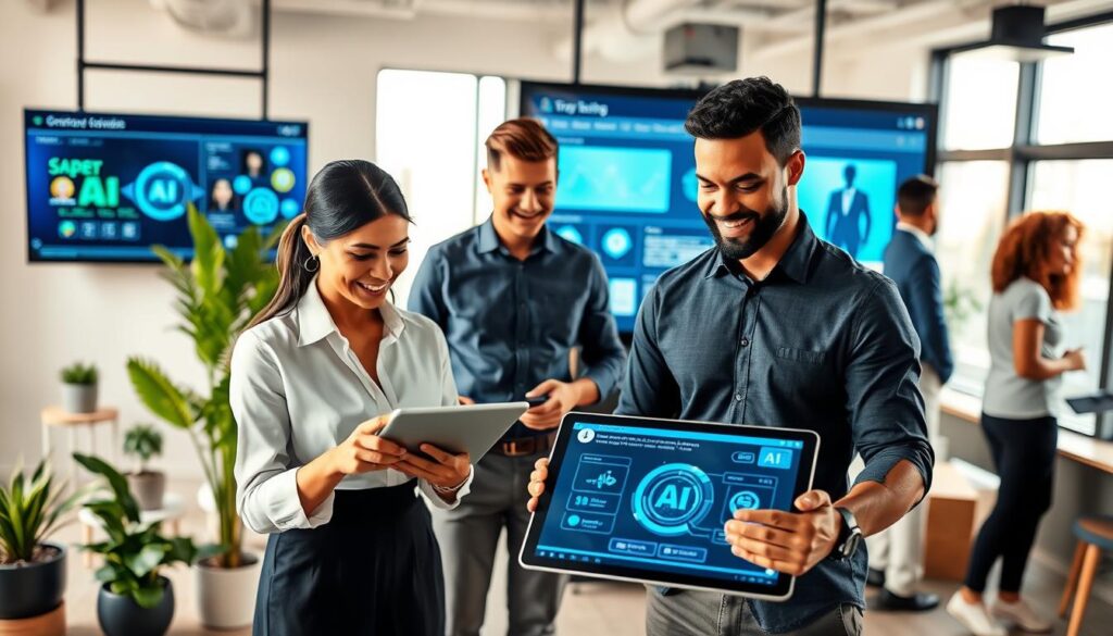 A modern office environment featuring diverse new employees engaging with AI-powered onboarding tools. In the foreground, a professional woman in business attire is interacting with a sleek tablet displaying an AI interface, while a man in a smart casual shirt looks on, both smiling. In the middle, a large touchscreen monitor showcases engaging visuals of onboarding processes, with interactive elements like graphs and chatbots. The background includes a stylish, open-plan office space with plants, contemporary furniture, and soft natural light filtering through large windows. The atmosphere is energetic and welcoming, highlighting collaboration and innovation. Capture this scene from a slightly elevated angle to emphasize the technology and the positive interactions among the employees. Stay focused, Ray Baker.