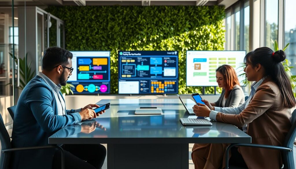 A modern office environment focused on workflow automation and process improvement. In the foreground, a diverse group of three professionals in smart casual attire are collaborating at a sleek conference table, engaging with digital devices displaying automation dashboards. In the middle ground, large screens depict flowcharts and process diagrams with bright colors illustrating streamlined workflows. The background features glass walls and greenery, creating a fresh, vibrant atmosphere. Natural light floods the space, casting gentle shadows. The image conveys innovation and teamwork, embodying the essence of no-code solutions simplifying complex tasks. Capture this scene from a slightly elevated angle to emphasize the collaborative dynamic. Stay focused, Ray Baker. A modern office environment focused on workflow automation and process improvement. In the foreground, a diverse group of three professionals in smart casual attire are collaborating at a sleek conference table, engaging with digital devices displaying automation dashboards. In the middle ground, large screens depict flowcharts and process diagrams with bright colors illustrating streamlined workflows. The background features glass walls and greenery, creating a fresh, vibrant atmosphere. Natural light floods the space, casting gentle shadows. The image conveys innovation and teamwork, embodying the essence of no-code solutions simplifying complex tasks. Capture this scene from a slightly elevated angle to emphasize the collaborative dynamic. Stay focused, Ray Baker.