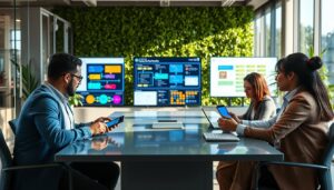 A modern office environment focused on workflow automation and process improvement. In the foreground, a diverse group of three professionals in smart casual attire are collaborating at a sleek conference table, engaging with digital devices displaying automation dashboards. In the middle ground, large screens depict flowcharts and process diagrams with bright colors illustrating streamlined workflows. The background features glass walls and greenery, creating a fresh, vibrant atmosphere. Natural light floods the space, casting gentle shadows. The image conveys innovation and teamwork, embodying the essence of no-code solutions simplifying complex tasks. Capture this scene from a slightly elevated angle to emphasize the collaborative dynamic. Stay focused, Ray Baker.