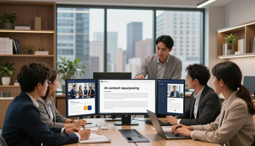 A modern office environment illustrating "AI content repurposing." In the foreground, a diverse group of professionals, dressed in professional business attire, collaborates around a sleek conference table. They're analyzing digital screens displaying various content formats, like videos, infographics, and blog posts, derived from a central article. In the middle ground, a large window shows a bustling cityscape, filled with skyscrapers, implying a dynamic marketing scene. The background features bookshelves organized with industry-related literature and plants for a welcoming atmosphere. Soft, diffused lighting creates an inviting mood, and the angle focuses on the group's interaction and teamwork. A subtle logo, "AI XLence," is integrated into the digital displays, enhancing the scene without overwhelming it. A modern office environment illustrating "AI content repurposing." In the foreground, a diverse group of professionals, dressed in professional business attire, collaborates around a sleek conference table. They're analyzing digital screens displaying various content formats, like videos, infographics, and blog posts, derived from a central article. In the middle ground, a large window shows a bustling cityscape, filled with skyscrapers, implying a dynamic marketing scene. The background features bookshelves organized with industry-related literature and plants for a welcoming atmosphere. Soft, diffused lighting creates an inviting mood, and the angle focuses on the group's interaction and teamwork. A subtle logo, "AI XLence," is integrated into the digital displays, enhancing the scene without overwhelming it.