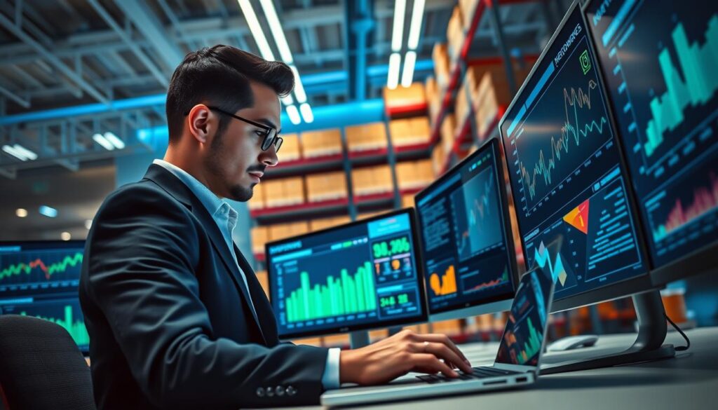 A modern office environment showcasing a data analyst at work, surrounded by multiple screens displaying colorful graphs and machine learning algorithms related to inventory optimization. In the foreground, the analyst, a professional in a smart attire, intently examines data on a laptop, with expressions of focus and determination. The middle ground features sleek, high-tech monitors and dashboards with real-time inventory metrics and predictive analytics visuals. The background subtly depicts shelves filled with inventory items in an organized manner, symbolizing efficiency. Cool blue and green lighting enhances a mood of innovation and clarity. The view captures a slight tilt from a low angle to emphasize the technological sophistication. Stay focused, Ray Baker. A modern office environment showcasing a data analyst at work, surrounded by multiple screens displaying colorful graphs and machine learning algorithms related to inventory optimization. In the foreground, the analyst, a professional in a smart attire, intently examines data on a laptop, with expressions of focus and determination. The middle ground features sleek, high-tech monitors and dashboards with real-time inventory metrics and predictive analytics visuals. The background subtly depicts shelves filled with inventory items in an organized manner, symbolizing efficiency. Cool blue and green lighting enhances a mood of innovation and clarity. The view captures a slight tilt from a low angle to emphasize the technological sophistication. Stay focused, Ray Baker.
