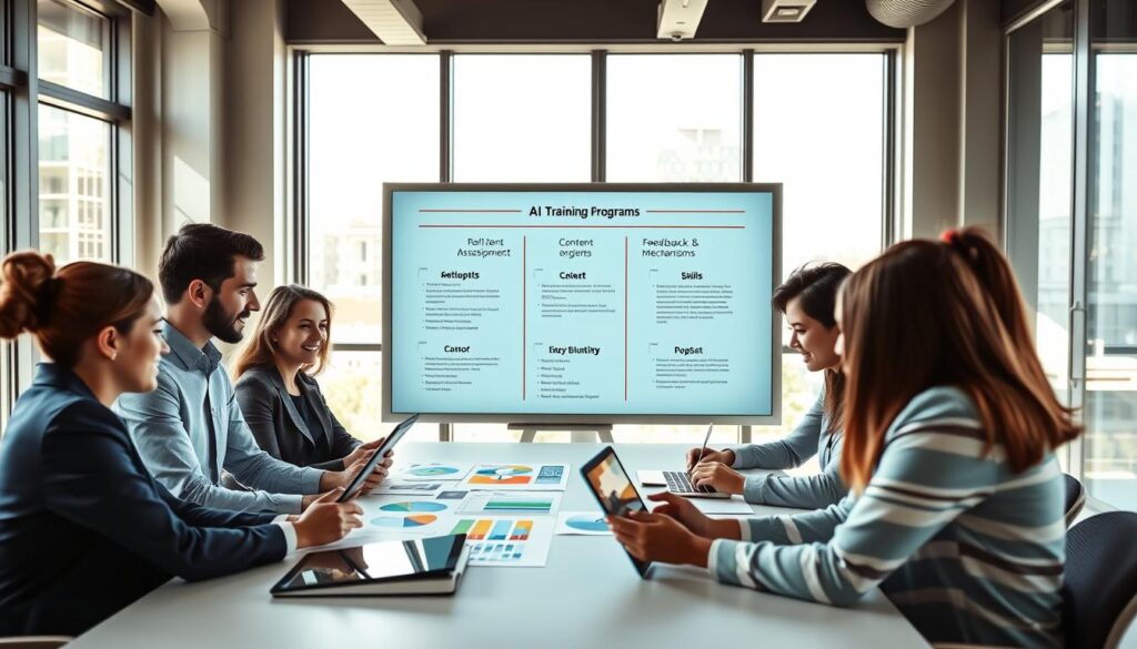 A modern office environment showcasing a diverse group of employees engaged in a productive training session. In the foreground, a multi-ethnic team of professionals, dressed in smart business attire, collaborates around a large table, analyzing colorful charts and digital tablets. The middle should feature a large interactive whiteboard displaying key steps for implementing AI training programs, such as “Skills Assessment,” “Content Development,” and “Feedback Mechanisms.” The background includes bright windows with sunlight flooding in, giving a sense of openness and positivity. The atmosphere is energetic and focused, reflecting dedication to professional development. Use bright, natural lighting to enhance the mood, with a shallow depth of field to emphasize the teamwork in the foreground. Stay focused, Ray Baker. A modern office environment showcasing a diverse group of employees engaged in a productive training session. In the foreground, a multi-ethnic team of professionals, dressed in smart business attire, collaborates around a large table, analyzing colorful charts and digital tablets. The middle should feature a large interactive whiteboard displaying key steps for implementing AI training programs, such as “Skills Assessment,” “Content Development,” and “Feedback Mechanisms.” The background includes bright windows with sunlight flooding in, giving a sense of openness and positivity. The atmosphere is energetic and focused, reflecting dedication to professional development. Use bright, natural lighting to enhance the mood, with a shallow depth of field to emphasize the teamwork in the foreground. Stay focused, Ray Baker.