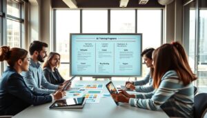 A modern office environment showcasing a diverse group of employees engaged in a productive training session. In the foreground, a multi-ethnic team of professionals, dressed in smart business attire, collaborates around a large table, analyzing colorful charts and digital tablets. The middle should feature a large interactive whiteboard displaying key steps for implementing AI training programs, such as “Skills Assessment,” “Content Development,” and “Feedback Mechanisms.” The background includes bright windows with sunlight flooding in, giving a sense of openness and positivity. The atmosphere is energetic and focused, reflecting dedication to professional development. Use bright, natural lighting to enhance the mood, with a shallow depth of field to emphasize the teamwork in the foreground. Stay focused, Ray Baker.