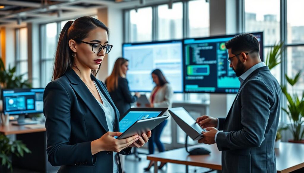 A modern office environment showcasing a diverse team of professionals engaged in workflow automation. In the foreground, a focused woman in smart business attire interacts with a sleek digital tablet displaying flowcharts and automated tasks. In the middle, a collaborative workspace with futuristic monitors showing graphs and data, while a man analyzes information on a laptop, highlighting teamwork. The background features large windows with natural light streaming in, casting a warm glow over the scene, and potted plants adding a touch of greenery. The atmosphere is one of efficiency and innovation, emphasizing the importance of automation in optimizing business processes. Stay focused, Ray Baker. A modern office environment showcasing a diverse team of professionals engaged in workflow automation. In the foreground, a focused woman in smart business attire interacts with a sleek digital tablet displaying flowcharts and automated tasks. In the middle, a collaborative workspace with futuristic monitors showing graphs and data, while a man analyzes information on a laptop, highlighting teamwork. The background features large windows with natural light streaming in, casting a warm glow over the scene, and potted plants adding a touch of greenery. The atmosphere is one of efficiency and innovation, emphasizing the importance of automation in optimizing business processes. Stay focused, Ray Baker.