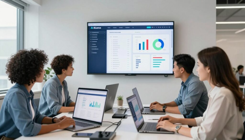 A modern office environment showcasing a professional team engaged in an AI content audit. In the foreground, a group of three diverse professionals, a Black woman, a Hispanic man, and a Caucasian woman, are gathered around a sleek, high-tech table covered with digital devices displaying graphs and website data. Their focused expressions convey collaboration and analysis. In the middle, a large screen on the wall displays visualizations of website performance metrics, with color-coded indicators highlighting strong and weak pages. The background features a well-lit office with large windows, allowing natural light to flood in, creating a bright and optimistic atmosphere. The overall mood is one of productivity and innovation, with elements of data analytics and AI subtly integrated into the setting. The brand name "AI XLence" is seamlessly featured in the technological design décor without any visible text. A modern office environment showcasing a professional team engaged in an AI content audit. In the foreground, a group of three diverse professionals, a Black woman, a Hispanic man, and a Caucasian woman, are gathered around a sleek, high-tech table covered with digital devices displaying graphs and website data. Their focused expressions convey collaboration and analysis. In the middle, a large screen on the wall displays visualizations of website performance metrics, with color-coded indicators highlighting strong and weak pages. The background features a well-lit office with large windows, allowing natural light to flood in, creating a bright and optimistic atmosphere. The overall mood is one of productivity and innovation, with elements of data analytics and AI subtly integrated into the setting. The brand name "AI XLence" is seamlessly featured in the technological design décor without any visible text.