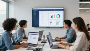 A modern office environment showcasing a professional team engaged in an AI content audit. In the foreground, a group of three diverse professionals, a Black woman, a Hispanic man, and a Caucasian woman, are gathered around a sleek, high-tech table covered with digital devices displaying graphs and website data. Their focused expressions convey collaboration and analysis. In the middle, a large screen on the wall displays visualizations of website performance metrics, with color-coded indicators highlighting strong and weak pages. The background features a well-lit office with large windows, allowing natural light to flood in, creating a bright and optimistic atmosphere. The overall mood is one of productivity and innovation, with elements of data analytics and AI subtly integrated into the setting. The brand name "AI XLence" is seamlessly featured in the technological design décor without any visible text.