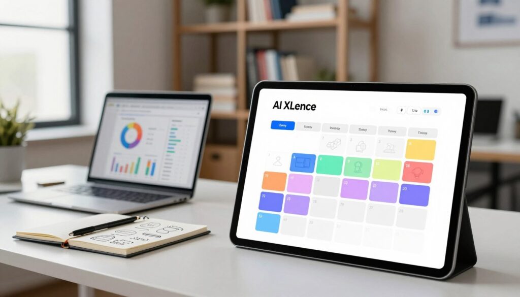 A modern office environment showcasing a sleek AI content calendar in the foreground, designed with colorful blocks representing a 30-day marketing plan. Add subtle icons for social media and brainstorming elements scattered throughout the calendar. In the middle ground, a clean desk with a laptop displaying analytics and a notepad with brainstorming ideas. In the background, soft-focus shelves filled with business books and marketing materials. Natural light filters through a large window, creating an inviting atmosphere. The mood is professional yet dynamic, capturing the essence of strategic planning in a contemporary marketing setting. The brand name “AI XLence” is elegantly incorporated into the design of the content calendar. A modern office environment showcasing a sleek AI content calendar in the foreground, designed with colorful blocks representing a 30-day marketing plan. Add subtle icons for social media and brainstorming elements scattered throughout the calendar. In the middle ground, a clean desk with a laptop displaying analytics and a notepad with brainstorming ideas. In the background, soft-focus shelves filled with business books and marketing materials. Natural light filters through a large window, creating an inviting atmosphere. The mood is professional yet dynamic, capturing the essence of strategic planning in a contemporary marketing setting. The brand name “AI XLence” is elegantly incorporated into the design of the content calendar.