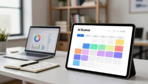 A modern office environment showcasing a sleek AI content calendar in the foreground, designed with colorful blocks representing a 30-day marketing plan. Add subtle icons for social media and brainstorming elements scattered throughout the calendar. In the middle ground, a clean desk with a laptop displaying analytics and a notepad with brainstorming ideas. In the background, soft-focus shelves filled with business books and marketing materials. Natural light filters through a large window, creating an inviting atmosphere. The mood is professional yet dynamic, capturing the essence of strategic planning in a contemporary marketing setting. The brand name “AI XLence” is elegantly incorporated into the design of the content calendar.