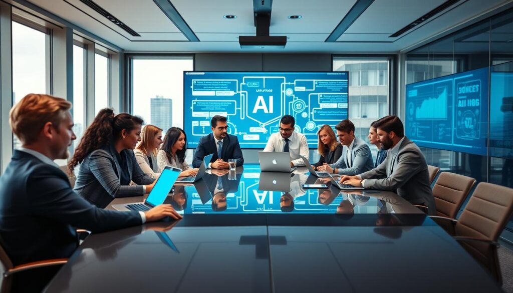 A modern office environment showcasing diverse teams collaborating on AI implementation. In the foreground, a diverse group of professionals in business attire is gathered around a sleek, high-tech conference table, discussing data on laptops and tablets, their expressions focused and engaged. In the middle ground, large screens display AI algorithms and workflow diagrams, illuminated with a cool blue light, symbolizing innovation. The background features large windows letting in natural light, with a cityscape view, denoting growth and progress. Soft lighting enhances a dynamic yet professional atmosphere, with a slight depth of field effect that emphasizes the teamwork on AI adoption. Stay focused, Ray Baker. A modern office environment showcasing diverse teams collaborating on AI implementation. In the foreground, a diverse group of professionals in business attire is gathered around a sleek, high-tech conference table, discussing data on laptops and tablets, their expressions focused and engaged. In the middle ground, large screens display AI algorithms and workflow diagrams, illuminated with a cool blue light, symbolizing innovation. The background features large windows letting in natural light, with a cityscape view, denoting growth and progress. Soft lighting enhances a dynamic yet professional atmosphere, with a slight depth of field effect that emphasizes the teamwork on AI adoption. Stay focused, Ray Baker.