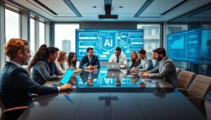 A modern office environment showcasing diverse teams collaborating on AI implementation. In the foreground, a diverse group of professionals in business attire is gathered around a sleek, high-tech conference table, discussing data on laptops and tablets, their expressions focused and engaged. In the middle ground, large screens display AI algorithms and workflow diagrams, illuminated with a cool blue light, symbolizing innovation. The background features large windows letting in natural light, with a cityscape view, denoting growth and progress. Soft lighting enhances a dynamic yet professional atmosphere, with a slight depth of field effect that emphasizes the teamwork on AI adoption. Stay focused, Ray Baker.