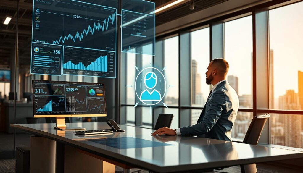 A modern office environment showcasing the integration of AI tools within established financial workflows. In the foreground, a sleek, high-tech desk is equipped with dual monitors displaying financial data analytics and AI software interfaces. A professional business analyst, dressed in smart attire, interacts with a holographic financial chart projected above the desk. In the middle, a digital assistant icon symbolizes AI features, like data organization and predictive analysis. The background features a glass wall with a cityscape view, illuminated by natural light, conveying a sense of innovation and progress. The atmosphere is focused and productive, reflecting a seamless fusion of technology and finance. Stay focused, Ray Baker.