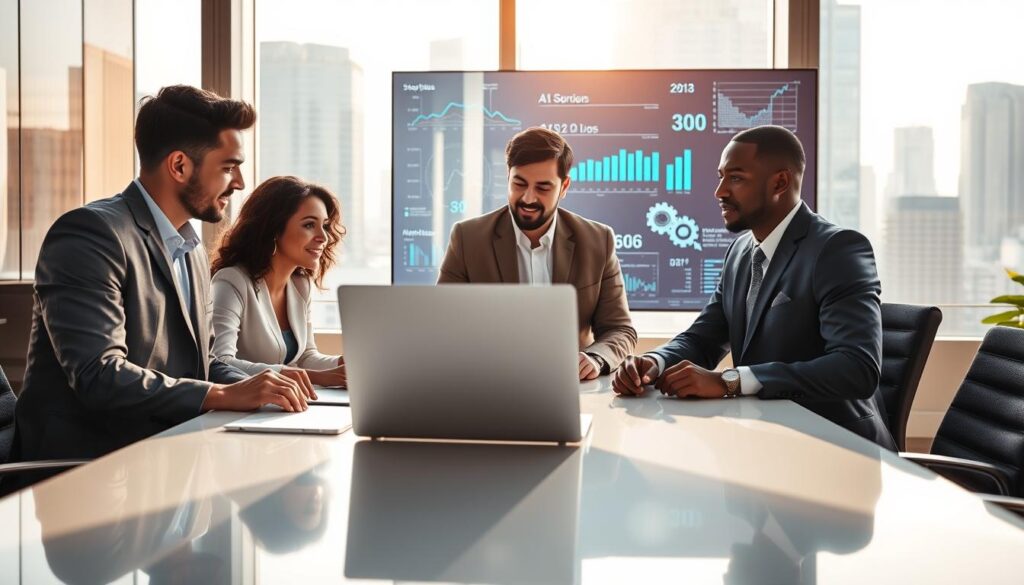 A modern office environment showcasing the key benefits of AI-powered operations for smaller businesses. In the foreground, depict a diverse group of three professionals in smart business attire, collaborating around a sleek conference table with a laptop displaying AI analytics. In the middle ground, highlight interconnected digital screens displaying graphs, data visualizations, and automated workflows, emphasizing efficiency and productivity. In the background, large windows reveal a bustling cityscape bathed in soft, natural light, creating a bright and inviting atmosphere. The overall mood should reflect innovation, teamwork, and progress, with a warm color palette. Use a wide-angle lens perspective to capture the dynamic energy of the workspace while maintaining focus. Stay focused, Ray Baker.