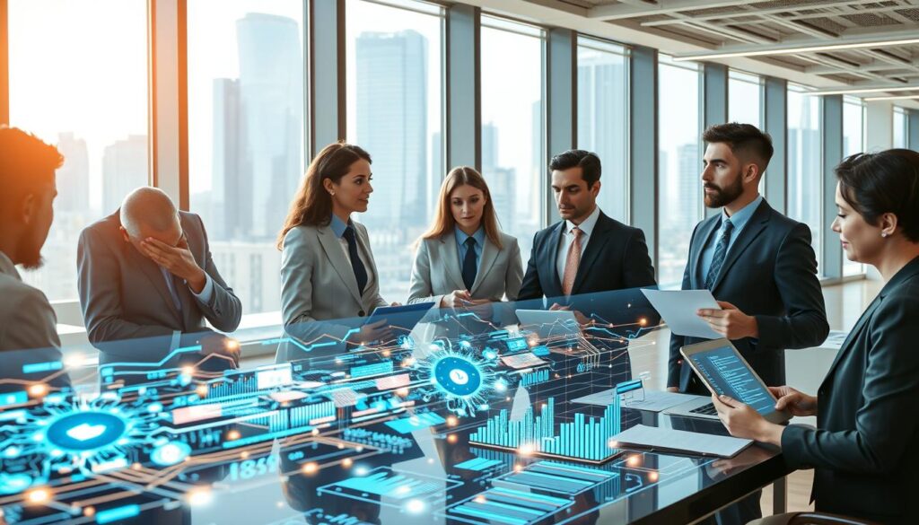 A modern office environment showcasing the synergy of machine learning and automation in information management. In the foreground, a diverse team of professionals in smart business attire is engaged in collaborative discussions, analyzing data on sleek digital screens. In the middle ground, advanced AI algorithms are visually represented as dynamic data streams and glowing circuit patterns, interacting with organized digital files and graphs. The background features a futuristic cityscape through large glass windows, symbolizing progress and connectivity. The scene is brightly lit with natural sunlight filtering in, creating a vibrant yet professional atmosphere. The angle is slightly elevated, offering a panoramic view that emphasizes collaboration and innovation. Stay focused, Ray Baker. A modern office environment showcasing the synergy of machine learning and automation in information management. In the foreground, a diverse team of professionals in smart business attire is engaged in collaborative discussions, analyzing data on sleek digital screens. In the middle ground, advanced AI algorithms are visually represented as dynamic data streams and glowing circuit patterns, interacting with organized digital files and graphs. The background features a futuristic cityscape through large glass windows, symbolizing progress and connectivity. The scene is brightly lit with natural sunlight filtering in, creating a vibrant yet professional atmosphere. The angle is slightly elevated, offering a panoramic view that emphasizes collaboration and innovation. Stay focused, Ray Baker.