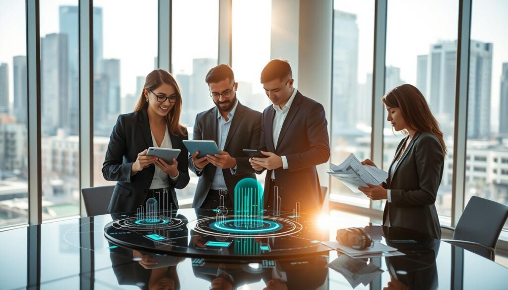 A modern office environment showcasing the transformation of traditional document workflows through AI. In the foreground, a diverse group of three professionals in business attire collaborate around a sleek, high-tech table, reviewing digital documents on tablet devices. The middle ground features a futuristic digital interface displaying flowing data and AI algorithms, symbolizing seamless document processing. In the background, large windows reveal a bright city skyline, enhancing the atmosphere of innovation and efficiency. The lighting is bright and natural, creating an optimistic mood, while a shallow depth of field focuses attention on the professionals' engaged expressions. Stay focused, Ray Baker. A modern office environment showcasing the transformation of traditional document workflows through AI. In the foreground, a diverse group of three professionals in business attire collaborate around a sleek, high-tech table, reviewing digital documents on tablet devices. The middle ground features a futuristic digital interface displaying flowing data and AI algorithms, symbolizing seamless document processing. In the background, large windows reveal a bright city skyline, enhancing the atmosphere of innovation and efficiency. The lighting is bright and natural, creating an optimistic mood, while a shallow depth of field focuses attention on the professionals' engaged expressions. Stay focused, Ray Baker.