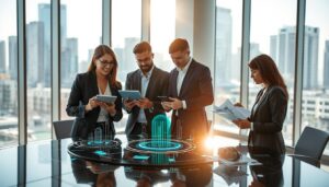 A modern office environment showcasing the transformation of traditional document workflows through AI. In the foreground, a diverse group of three professionals in business attire collaborate around a sleek, high-tech table, reviewing digital documents on tablet devices. The middle ground features a futuristic digital interface displaying flowing data and AI algorithms, symbolizing seamless document processing. In the background, large windows reveal a bright city skyline, enhancing the atmosphere of innovation and efficiency. The lighting is bright and natural, creating an optimistic mood, while a shallow depth of field focuses attention on the professionals' engaged expressions. Stay focused, Ray Baker.