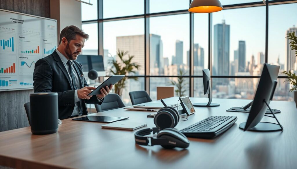A modern office environment showcasing tools and techniques for boosting productivity and customer service. In the foreground, a professional-looking individual in business attire is using a tablet, analyzing data. To the left, a digital whiteboard displays charts and project timelines. The middle ground features a high-tech desk with various productivity gadgets like a smart speaker, noise-canceling headphones, and an ergonomic keyboard. In the background, large windows let in natural light, providing a view of a bustling cityscape, enhancing the vibrant, dynamic atmosphere. The overall mood is one of efficiency and innovation, with bright, warm lighting adding an inviting feel. The scene is well-organized and conveys a sense of teamwork and technological advancement. Stay focused, Ray Baker. A modern office environment showcasing tools and techniques for boosting productivity and customer service. In the foreground, a professional-looking individual in business attire is using a tablet, analyzing data. To the left, a digital whiteboard displays charts and project timelines. The middle ground features a high-tech desk with various productivity gadgets like a smart speaker, noise-canceling headphones, and an ergonomic keyboard. In the background, large windows let in natural light, providing a view of a bustling cityscape, enhancing the vibrant, dynamic atmosphere. The overall mood is one of efficiency and innovation, with bright, warm lighting adding an inviting feel. The scene is well-organized and conveys a sense of teamwork and technological advancement. Stay focused, Ray Baker.