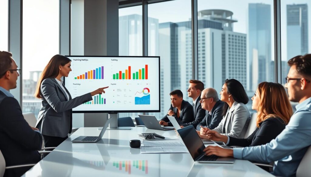 A modern office environment where a diverse group of professionals in business attire are engaged in a collaborative discussion. In the foreground, a female team leader points at a large digital screen displaying colorful charts and graphs representing training metrics. In the middle, team members are gathered around a sleek conference table, analyzing data on laptops and tablets, showcasing teamwork. The background features large windows with a cityscape view, letting in natural light that creates a bright and productive atmosphere. The mood is focused and analytical, with a sense of innovation and clarity in the air. Use a slightly angled perspective, capturing both the screen and the engaged expressions of the team. Stay focused, Ray Baker. A modern office environment where a diverse group of professionals in business attire are engaged in a collaborative discussion. In the foreground, a female team leader points at a large digital screen displaying colorful charts and graphs representing training metrics. In the middle, team members are gathered around a sleek conference table, analyzing data on laptops and tablets, showcasing teamwork. The background features large windows with a cityscape view, letting in natural light that creates a bright and productive atmosphere. The mood is focused and analytical, with a sense of innovation and clarity in the air. Use a slightly angled perspective, capturing both the screen and the engaged expressions of the team. Stay focused, Ray Baker.