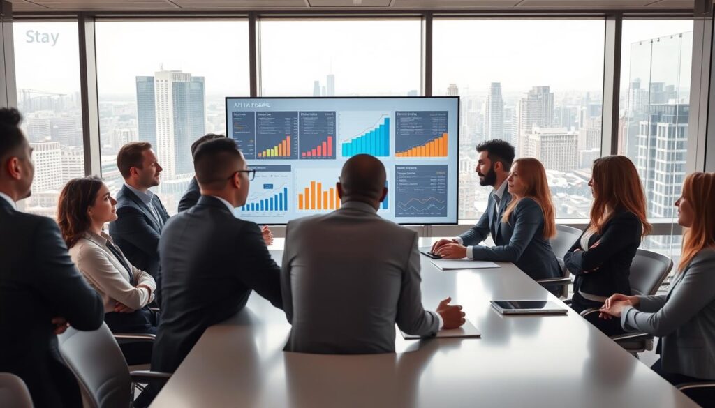 A modern office environment with a sleek conference table in the foreground, surrounded by diverse professionals in smart business attire, engaged in a dynamic discussion about AI tools. In the middle ground, a large digital screen displays colorful graphs, charts, and AI-driven analytics emphasizing efficiency and productivity. The background features a panoramic view of a bustling city skyline through large windows, symbolizing progress. Soft, bright lighting creates an optimistic atmosphere, highlighting the faces of the participants who are focused and inspired. The scene is captured with a wide-angle lens to encompass the entire collaborative atmosphere, while maintaining clarity in details. Stay focused, Ray Baker.