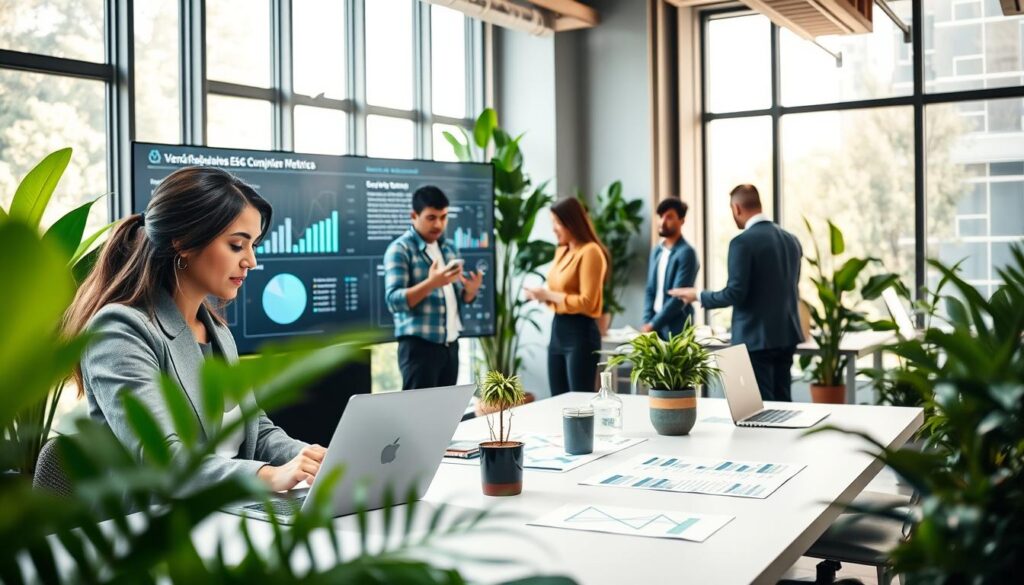A modern office environment with diverse professionals discussing vendor risk management using AI tools. In the foreground, a focused woman in business attire analyzes data on a sleek laptop, while a man beside her gestures towards a large digital screen displaying complex charts and ESG compliance metrics. The middle ground features a collaborative workspace with engaged teams evaluating supplier performance, surrounded by lush indoor plants for a green aesthetic. In the background, large windows let in soft, natural light, creating an open and welcoming atmosphere. The overall mood is innovative and professional, reflecting a forward-thinking approach to vendor management. Stay focused, Ray Baker.