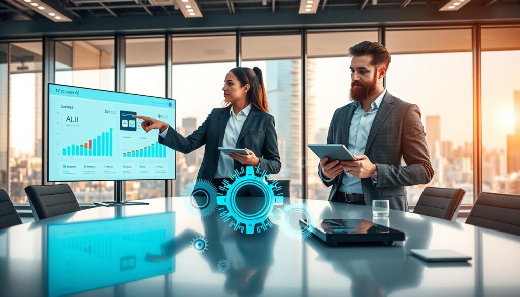 A modern office environment with two diverse business professionals, a man and a woman, standing at a sleek conference table equipped with various tech devices. In the foreground, the woman is pointing at a digital dashboard displaying AI analytics and data integration processes, while the man takes notes on a tablet. In the middle, visual representations of AI tools and business systems, like gears and circuit boards, are subtly blending into the workspace, symbolizing seamless integration. The background features large windows with city views under warm, natural lighting, creating an inspiring atmosphere. The overall mood is collaborative and innovative, with a focus on technology enhancing business efficiency. Stay focused, Ray Baker.