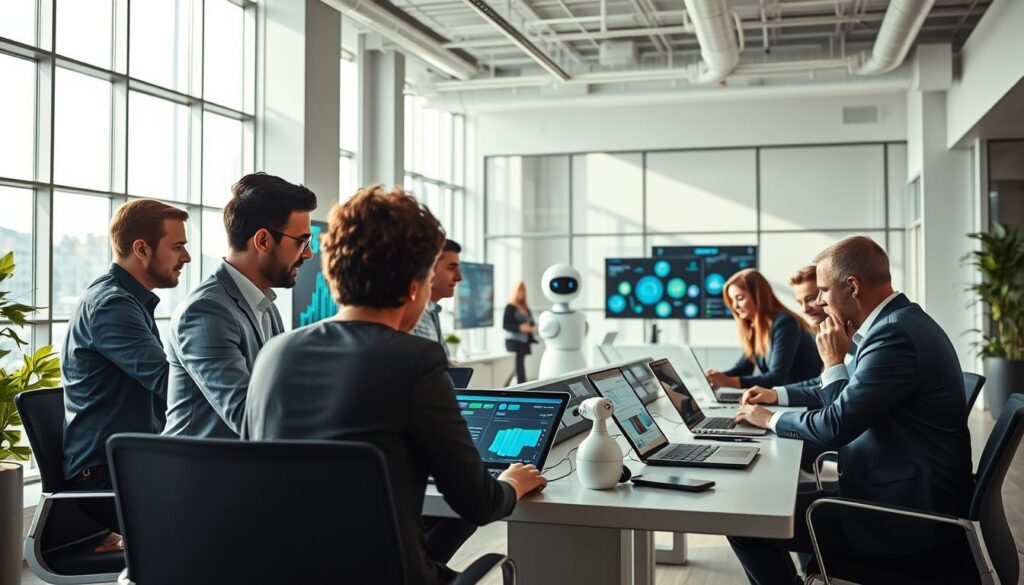 A modern office interior bustling with activity, showcasing the integration of AI technology in business operations. In the foreground, a team of diverse professionals, dressed in business attire, collaborates around a sleek table with laptops and digital tablets displaying interactive AI dashboards. The middle ground features modern tech installations like smart screens and robotic assistants, highlighting AI tools in use. The background reveals a bright, airy workspace with large windows, pouring sunlight onto the scene, creating a vibrant and optimistic atmosphere. Soft shadows add depth, while the angle is slightly elevated to capture the dynamic interaction among team members. The overall mood is one of innovation and efficiency, illustrating the transformative power of AI in streamlining business operations. Stay focused, Ray Baker.
