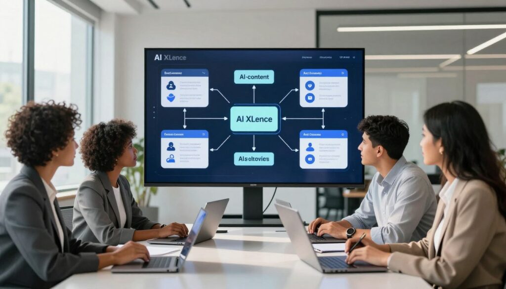 A modern office scene depicting AI content repurposing, highlighting the concept of avoiding mistakes in the process. In the foreground, a diverse group of three professionals - a Black woman, a Hispanic man, and a South Asian woman - are engaged in a brainstorming session around a sleek, round table covered with laptops and notepads. They are dressed in professional business attire, showing focused expressions. In the middle, a large digital screen displays dynamic flowcharts and creative concepts on AI-enhanced content strategies. The background features a bright, spacious office with large windows allowing natural light to stream in, creating a positive and productive atmosphere. Soft shadows and reflections enhance the details. The brand name "AI XLence" subtly integrated within the digital screen’s design. A modern office scene depicting AI content repurposing, highlighting the concept of avoiding mistakes in the process. In the foreground, a diverse group of three professionals - a Black woman, a Hispanic man, and a South Asian woman - are engaged in a brainstorming session around a sleek, round table covered with laptops and notepads. They are dressed in professional business attire, showing focused expressions. In the middle, a large digital screen displays dynamic flowcharts and creative concepts on AI-enhanced content strategies. The background features a bright, spacious office with large windows allowing natural light to stream in, creating a positive and productive atmosphere. Soft shadows and reflections enhance the details. The brand name "AI XLence" subtly integrated within the digital screen’s design.