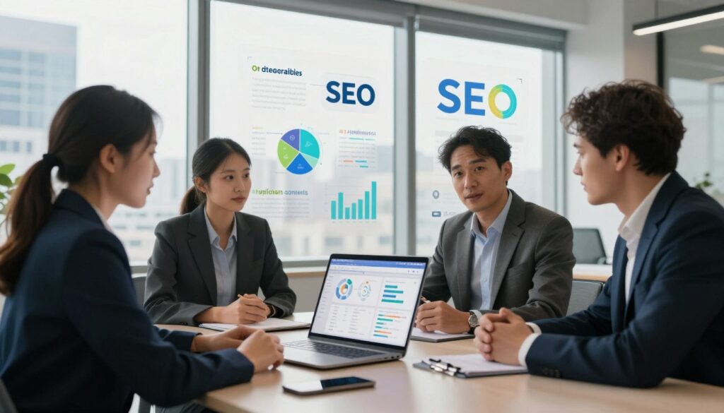 A modern office scene emphasizing the intersection of AI and SEO, featuring a diverse group of three professionals in business attire deep in discussion around a sleek conference table. In the foreground, a well-organized laptop displays an analytics dashboard, illuminating the faces of the engaged team members. Surrounding them are vibrant infographics and charts showcasing helpful content strategies, symbolizing the foundation of SEO. The background should feature floor-to-ceiling windows with a city landscape, casting natural light that creates a warm, collaborative atmosphere. Emphasize a sense of innovation and teamwork, with a subtle brand logo "AI XLence" integrated into the design elements. The overall mood is professional, forward-thinking, and inspiring, highlighting the importance of useful content in today's digital marketing landscape. A modern office scene emphasizing the intersection of AI and SEO, featuring a diverse group of three professionals in business attire deep in discussion around a sleek conference table. In the foreground, a well-organized laptop displays an analytics dashboard, illuminating the faces of the engaged team members. Surrounding them are vibrant infographics and charts showcasing helpful content strategies, symbolizing the foundation of SEO. The background should feature floor-to-ceiling windows with a city landscape, casting natural light that creates a warm, collaborative atmosphere. Emphasize a sense of innovation and teamwork, with a subtle brand logo "AI XLence" integrated into the design elements. The overall mood is professional, forward-thinking, and inspiring, highlighting the importance of useful content in today's digital marketing landscape.