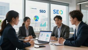 A modern office scene emphasizing the intersection of AI and SEO, featuring a diverse group of three professionals in business attire deep in discussion around a sleek conference table. In the foreground, a well-organized laptop displays an analytics dashboard, illuminating the faces of the engaged team members. Surrounding them are vibrant infographics and charts showcasing helpful content strategies, symbolizing the foundation of SEO. The background should feature floor-to-ceiling windows with a city landscape, casting natural light that creates a warm, collaborative atmosphere. Emphasize a sense of innovation and teamwork, with a subtle brand logo "AI XLence" integrated into the design elements. The overall mood is professional, forward-thinking, and inspiring, highlighting the importance of useful content in today's digital marketing landscape.