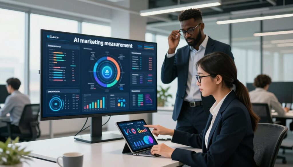 A modern office setting featuring a diverse group of professionals analyzing data on large digital screens, representing the concept of "AI marketing measurement." In the foreground, a focused Asian woman with glasses in a business outfit points to a colorful data visualization chart on a tablet, while a Black man in a smart suit adjusts his eyeglasses, observing the screen behind her. In the middle ground, a large screen displays intricate graphs and icons symbolizing marketing analytics, with the brand name "AI XLence" subtly integrated into the design. The background includes a sleek office with contemporary furniture and large windows letting in soft, natural daylight, creating a bright, optimistic atmosphere. The image evokes a sense of collaboration and innovation, perfect for illustrating a straightforward AI marketing measurement plan. A modern office setting featuring a diverse group of professionals analyzing data on large digital screens, representing the concept of "AI marketing measurement." In the foreground, a focused Asian woman with glasses in a business outfit points to a colorful data visualization chart on a tablet, while a Black man in a smart suit adjusts his eyeglasses, observing the screen behind her. In the middle ground, a large screen displays intricate graphs and icons symbolizing marketing analytics, with the brand name "AI XLence" subtly integrated into the design. The background includes a sleek office with contemporary furniture and large windows letting in soft, natural daylight, creating a bright, optimistic atmosphere. The image evokes a sense of collaboration and innovation, perfect for illustrating a straightforward AI marketing measurement plan.