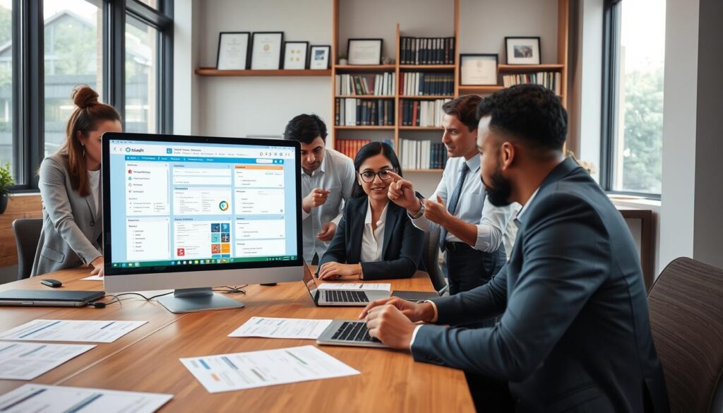 A modern office setting featuring a diverse group of professionals collaborating around a large conference table, intently customizing AI client intake forms on laptops and tablets. In the foreground, a close-up view of a computer screen displaying colorful and organized form templates with various input fields and graphics. The middle layer showcases engaged team members, dressed in professional attire, discussing ideas and pointing at the screen. Use bright, natural lighting filtering through large windows, creating a warm and productive atmosphere. In the background, shelves filled with business books and certificates add sophistication. The overall mood is collaborative, innovative, and focused on enhancing user experience. Stay focused, Ray Baker. A modern office setting featuring a diverse group of professionals collaborating around a large conference table, intently customizing AI client intake forms on laptops and tablets. In the foreground, a close-up view of a computer screen displaying colorful and organized form templates with various input fields and graphics. The middle layer showcases engaged team members, dressed in professional attire, discussing ideas and pointing at the screen. Use bright, natural lighting filtering through large windows, creating a warm and productive atmosphere. In the background, shelves filled with business books and certificates add sophistication. The overall mood is collaborative, innovative, and focused on enhancing user experience. Stay focused, Ray Baker.