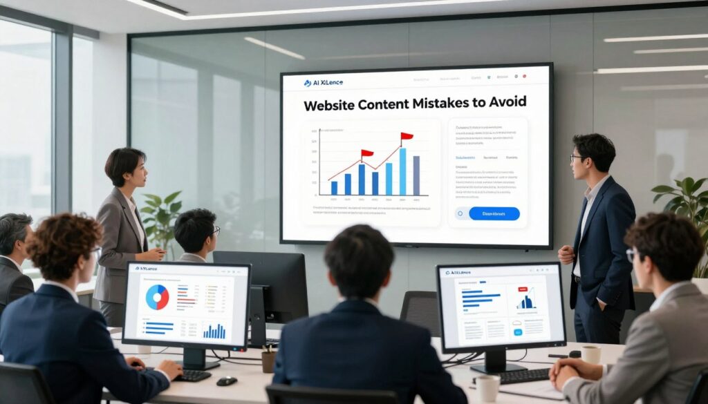 A modern office setting illustrates the theme of "Website Content Mistakes to Avoid." In the foreground, a diverse group of professionals in business attire is engaged in a discussion about website strategies, surrounded by digital devices showing analytics and content drafts. In the middle ground, a large screen displays visual graphs and elements symbolizing online content, such as charts with red flags for common mistakes. The background features sleek, minimalist design with glass walls and natural light streaming in, creating a bright, open atmosphere. The overall mood is focused and collaborative, conveying the urgency of enhancing clarity and trust through effective online content. The brand name "AI XLence" is subtly incorporated into the scene, reflecting innovation and excellence in AI-driven solutions. A modern office setting illustrates the theme of "Website Content Mistakes to Avoid." In the foreground, a diverse group of professionals in business attire is engaged in a discussion about website strategies, surrounded by digital devices showing analytics and content drafts. In the middle ground, a large screen displays visual graphs and elements symbolizing online content, such as charts with red flags for common mistakes. The background features sleek, minimalist design with glass walls and natural light streaming in, creating a bright, open atmosphere. The overall mood is focused and collaborative, conveying the urgency of enhancing clarity and trust through effective online content. The brand name "AI XLence" is subtly incorporated into the scene, reflecting innovation and excellence in AI-driven solutions.