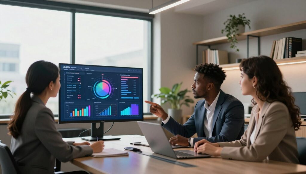 A modern office setting illustrating an AI marketing strategy theme, with a focus on a diverse team of three professionals in smart business attire engaged in a brainstorming session. In the foreground, a woman of Asian descent is pointing at a digital screen displaying vibrant analytics and marketing graphs, while a Black man and a Hispanic woman collaboratively discuss ideas around a sleek conference table. The middle layer includes a large window with natural light filtering in, illuminating the space with a warm glow. In the background, shelves are lined with books on business strategy, and a stylish plant adds a touch of greenery. The mood is dynamic and innovative, emphasizing teamwork and strategic thinking, while the brand name "AI XLence" subtly features in the design of the digital screen.