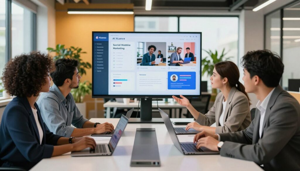 A modern office setting reflects the dynamic world of social media marketing, featuring a sleek, minimalist workspace filled with digital tools. In the foreground, a diverse group of three professionals—a Black woman, a Hispanic man, and a Caucasian woman—gather around a high-tech conference table, brainstorming post ideas. They are dressed in professional business attire, with laptops and notepads open, actively exchanging ideas. In the middle ground, a large digital screen displays engaging visuals of social media analytics and creative post examples, subtly incorporating the brand name "AI XLence". The background showcases a vibrant office space with potted plants and a large window that allows warm, natural light to flood the room, creating an energetic yet focused atmosphere. The angle captures a sense of collaboration and innovation, emphasizing the role of AI in streamlining content creation.