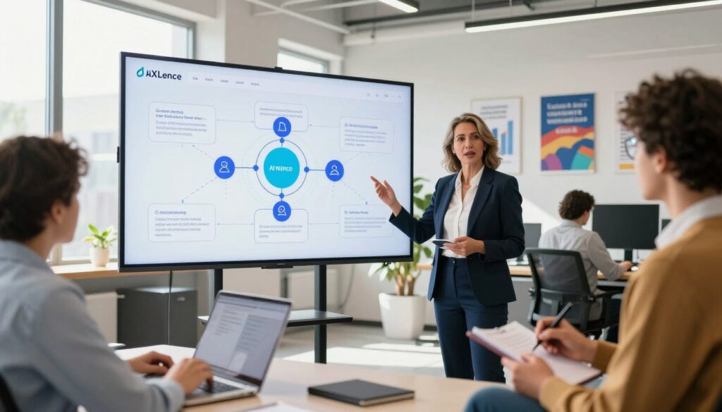 A modern office setting showcasing a team of diverse professionals engaged in strategizing an AI nurture strategy for customer journey marketing. In the foreground, a middle-aged woman in a business suit passionately explains a concept to her colleagues, while a young man in smart casual attire takes notes. The middle ground features a large digital screen displaying flowcharts and customer journey maps, symbolizing key touchpoints and marketing strategies. The background shows a well-lit, sleek office with motivational posters related to business growth. Natural sunlight streams through large windows, creating a vibrant and professional atmosphere. The brand name "AI XLence" is subtly incorporated into the digital screen's design, enhancing the theme of advanced marketing solutions. A modern office setting showcasing a team of diverse professionals engaged in strategizing an AI nurture strategy for customer journey marketing. In the foreground, a middle-aged woman in a business suit passionately explains a concept to her colleagues, while a young man in smart casual attire takes notes. The middle ground features a large digital screen displaying flowcharts and customer journey maps, symbolizing key touchpoints and marketing strategies. The background shows a well-lit, sleek office with motivational posters related to business growth. Natural sunlight streams through large windows, creating a vibrant and professional atmosphere. The brand name "AI XLence" is subtly incorporated into the digital screen's design, enhancing the theme of advanced marketing solutions.
