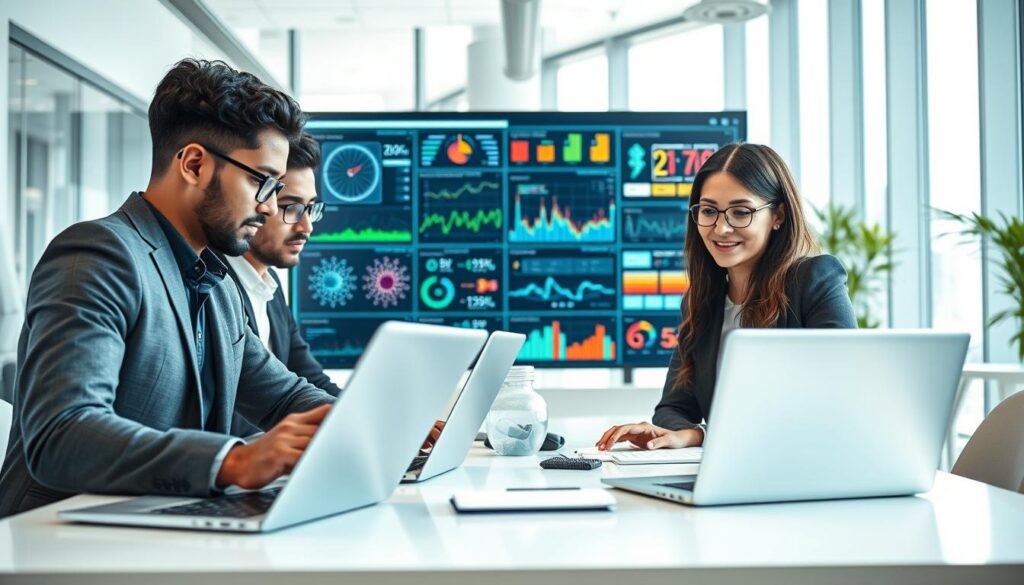 A modern office setting showcasing machine learning in action to mitigate business risks. In the foreground, a diverse group of three professionals—two men and a woman—analyzing data on sleek laptops, dressed in smart business attire. In the middle ground, a large digital screen displays complex graphs and real-time analytics related to business risk management, with colorful visuals of AI algorithms and neural networks. The background features a bright office space with large windows allowing natural light to fill the room, adding a warm, productive atmosphere. The overall mood is focused and collaborative, emphasizing the integration of technology in decision-making. Soft, diffuse lighting highlights the engaged expressions of the team. Stay focused, Ray Baker.